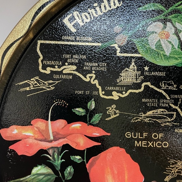 Vintage Map Of Florida Souvenir Tray Decorative Metal Hibiscus Flower - Picture 9 of 11